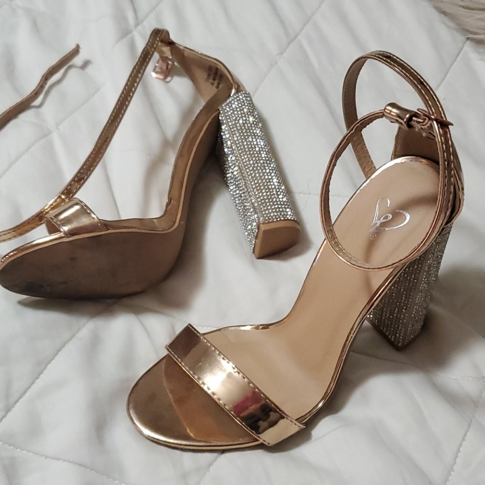 Rose Gold Rhinestones Chunky Heel Sandals